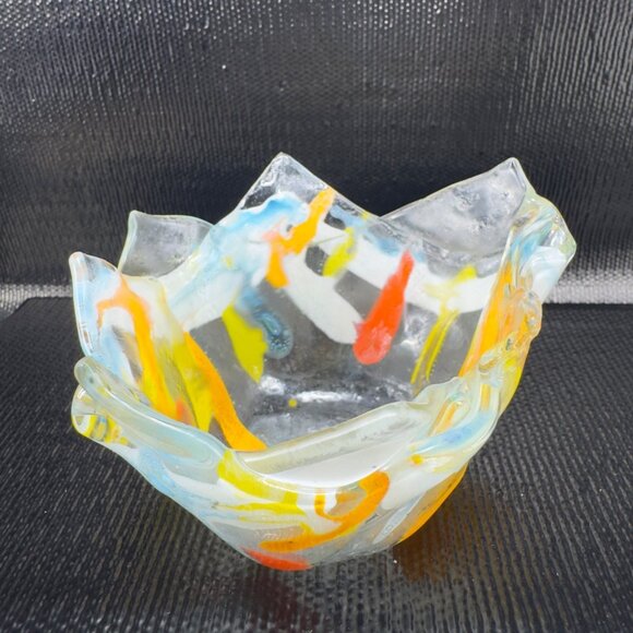 Vintage Hand Made Fused Art Glass Votive Holder Dish Bowl Multicolored Glass VTG - Picture 8 of 8